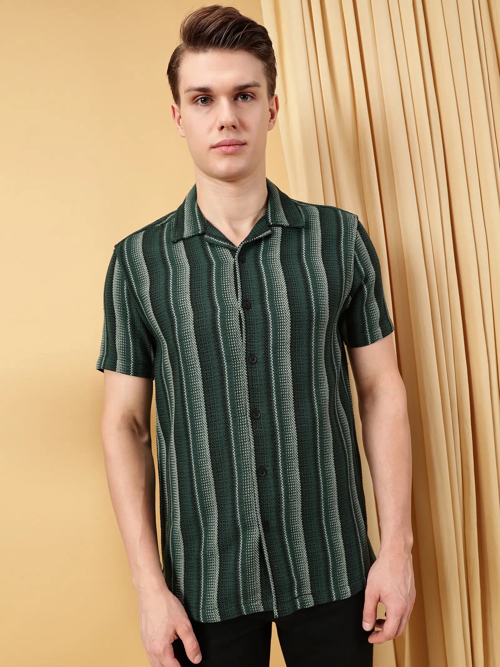 Valen Mens's Stripes Cuban Collar Causal Shirt
