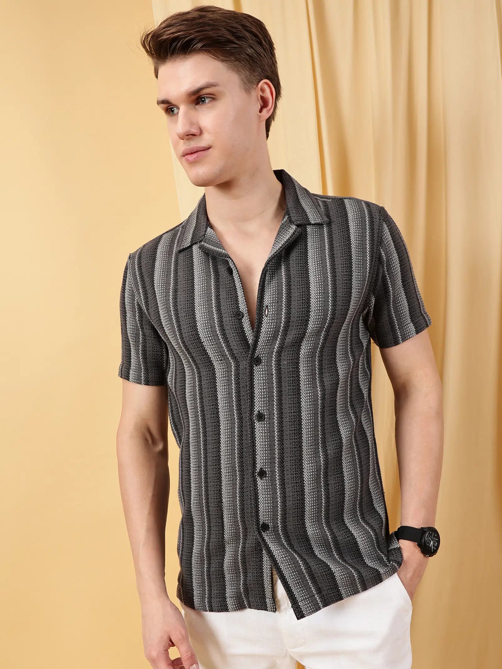Valen Mens's Stripes Cuban Collar Causal Shirt