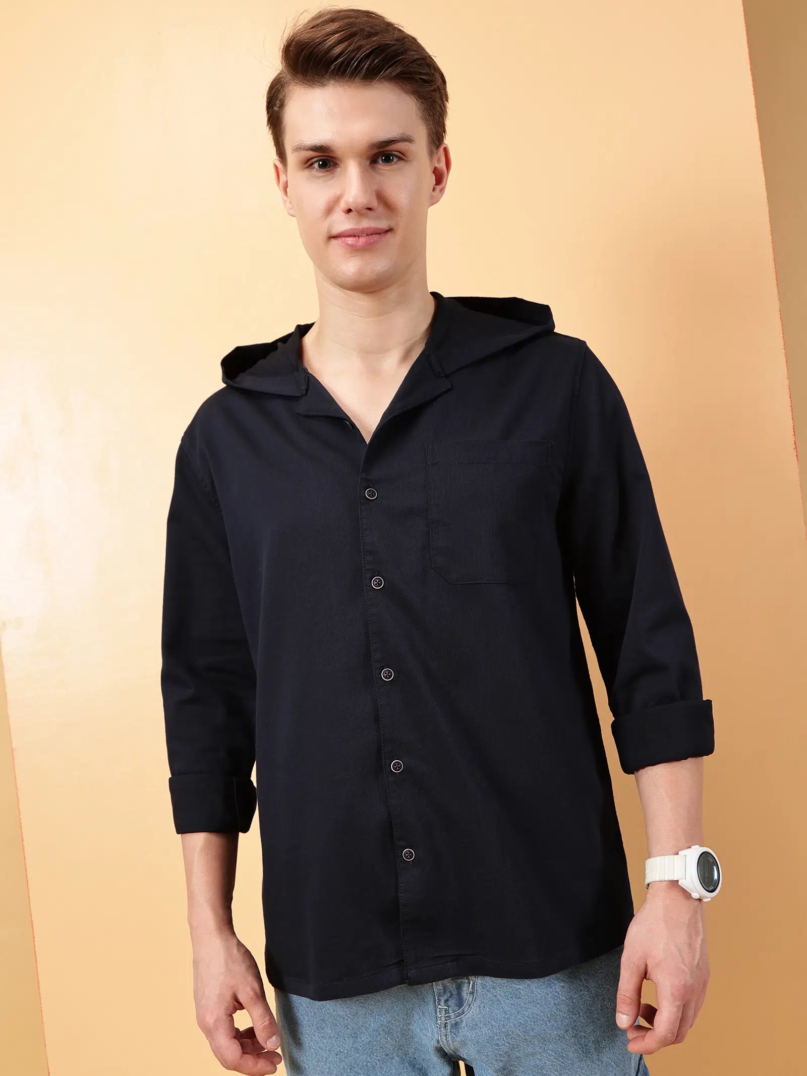 Valen Men's Soild Hooded Causal Shirt