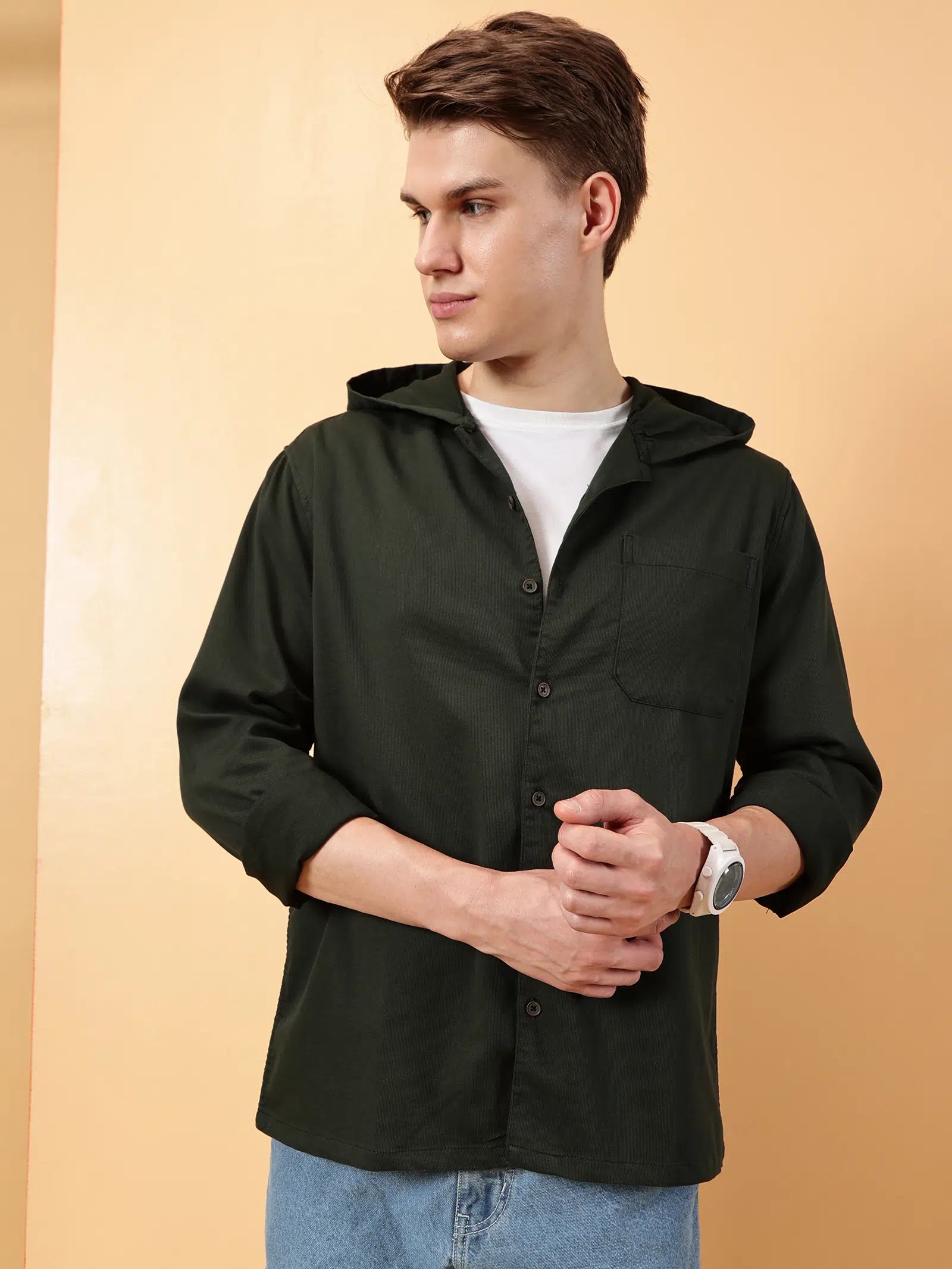Valen Men's Soild Hooded Causal Shirt