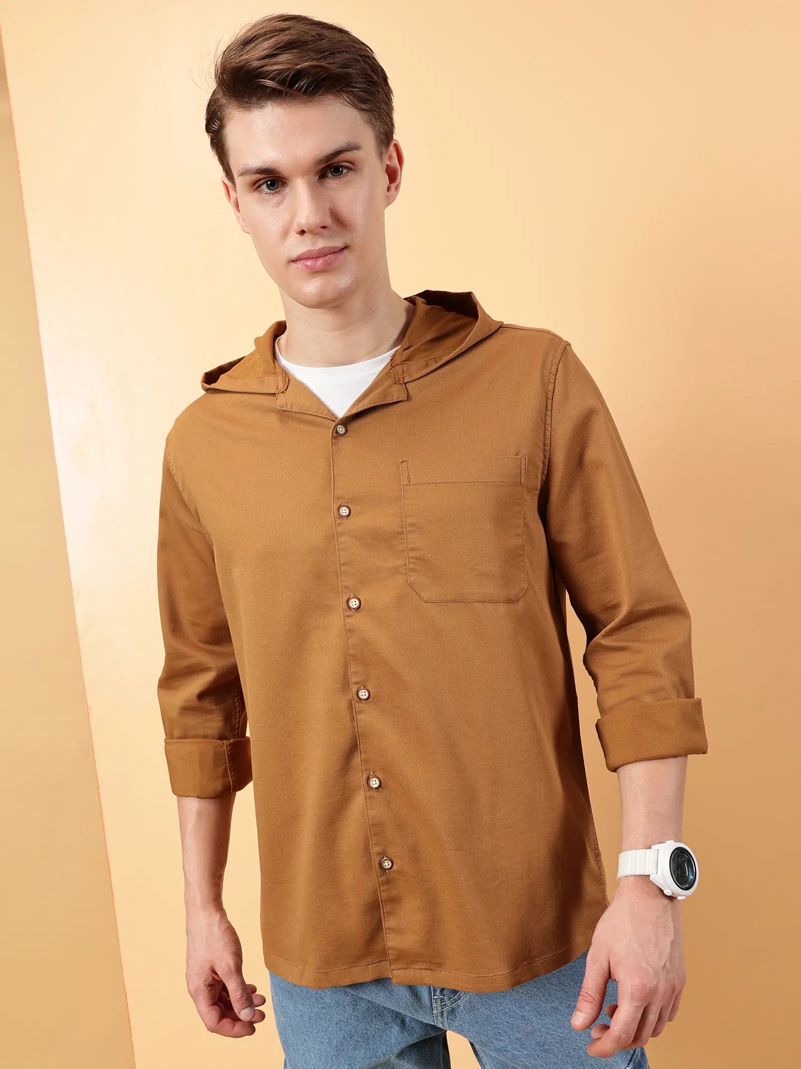 Valen Men's Soild Hooded Causal Shirt