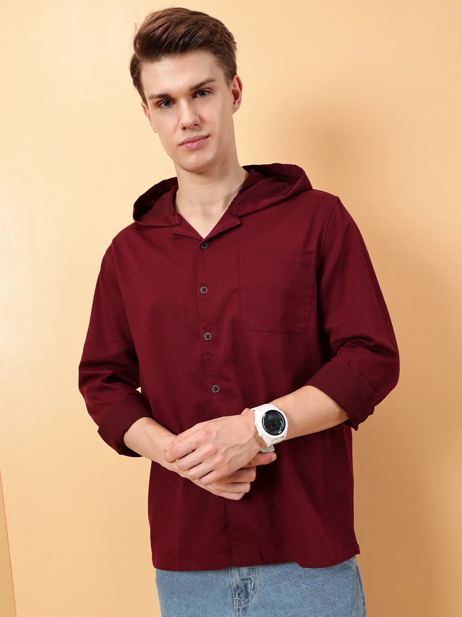 Valen Men's Soild hooded Causal Shirt
