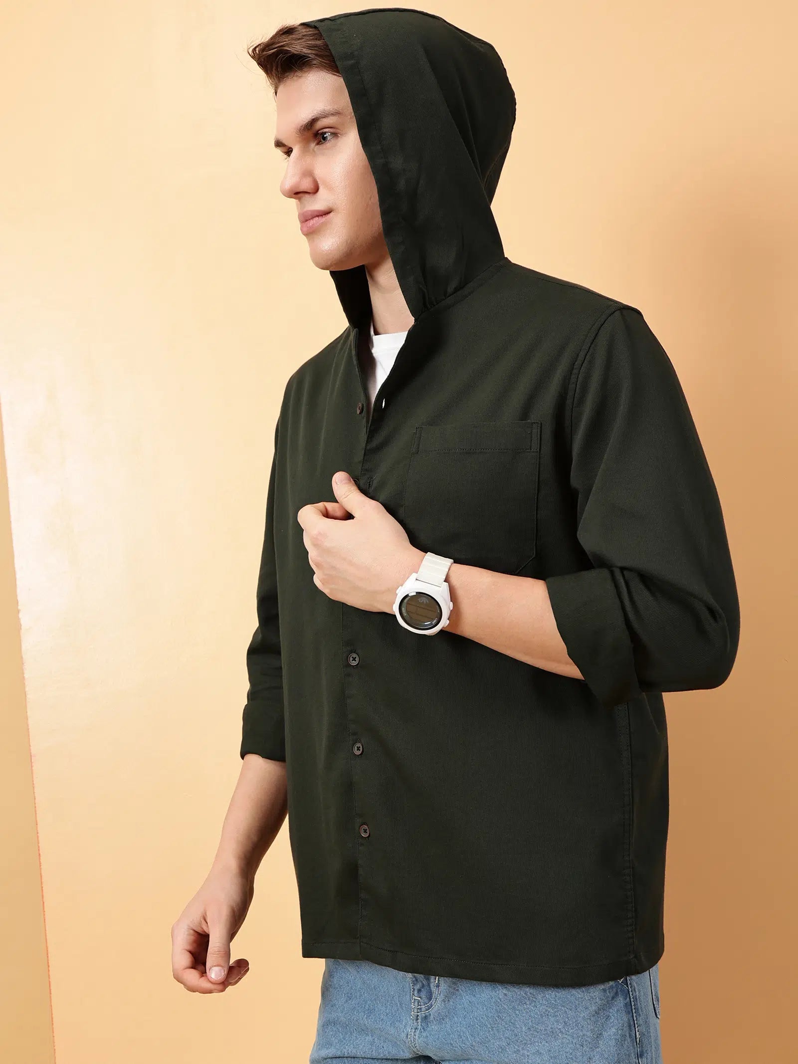Valen Men's Soild Hooded Causal Shirt