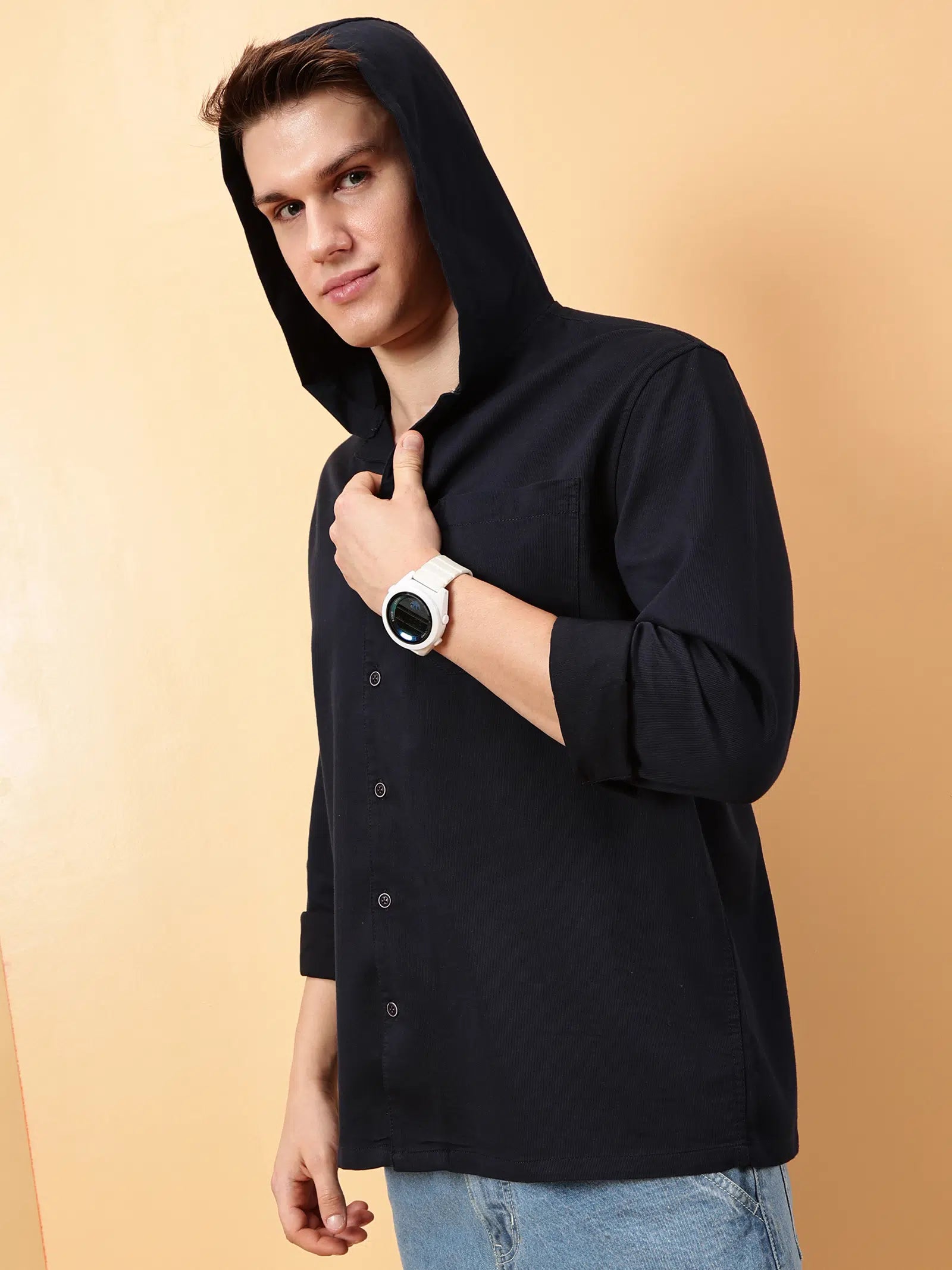 Valen Men's Soild Hooded Causal Shirt