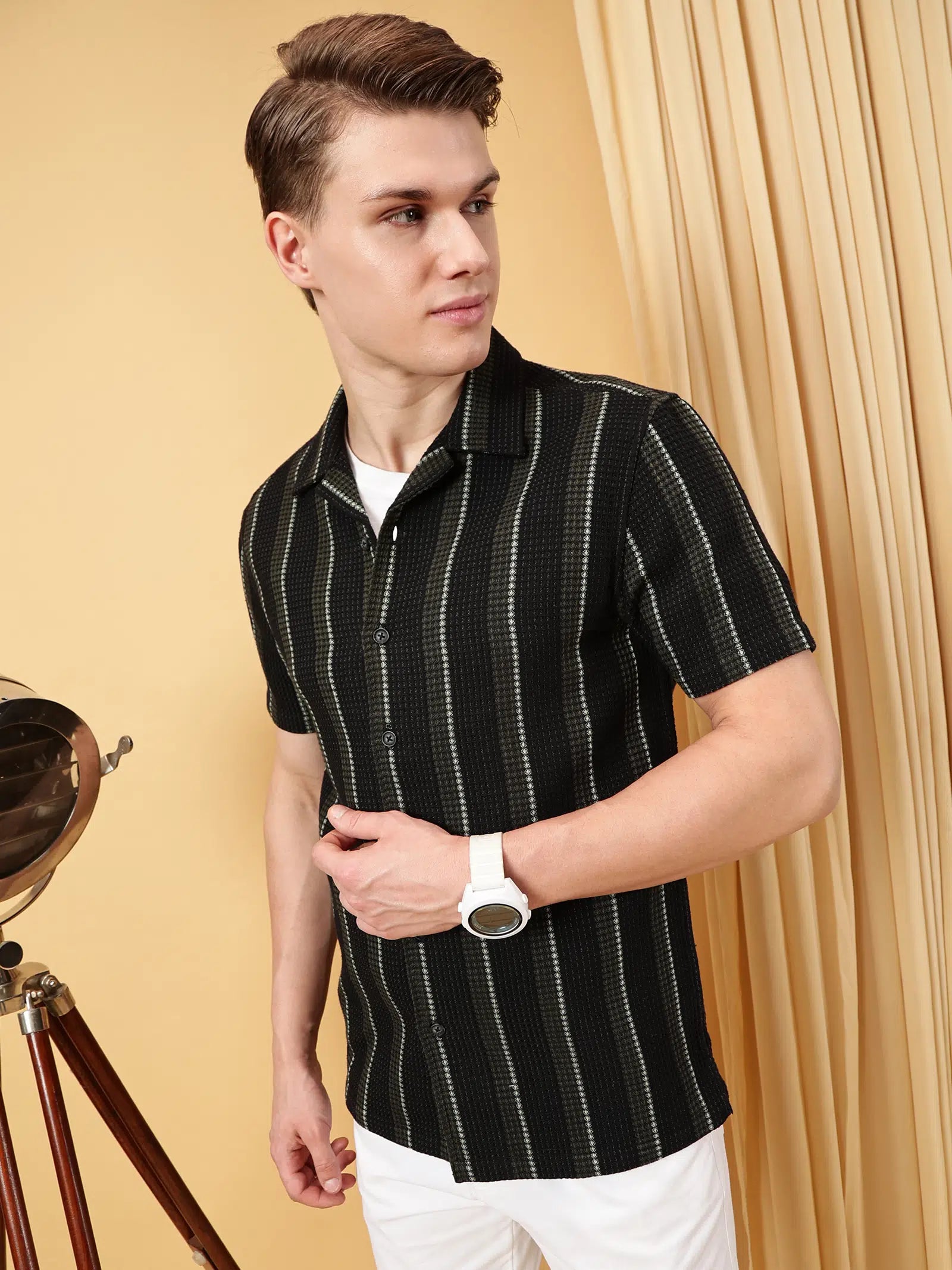 Valen Men's Waffle Weave Opaque Cuban Collar Shirt