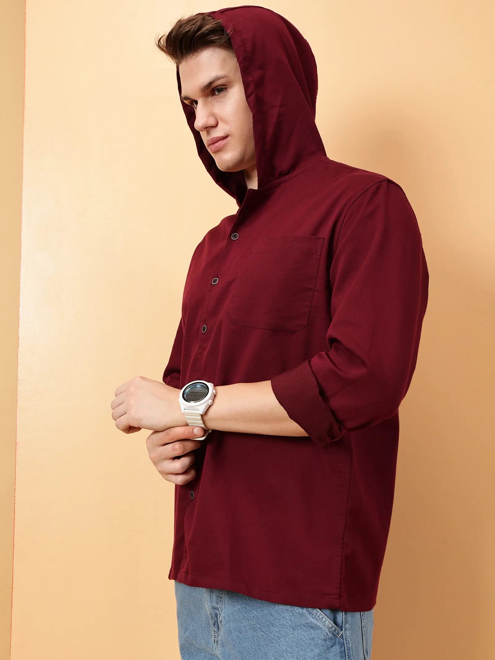 Valen Men's Soild hooded Causal Shirt