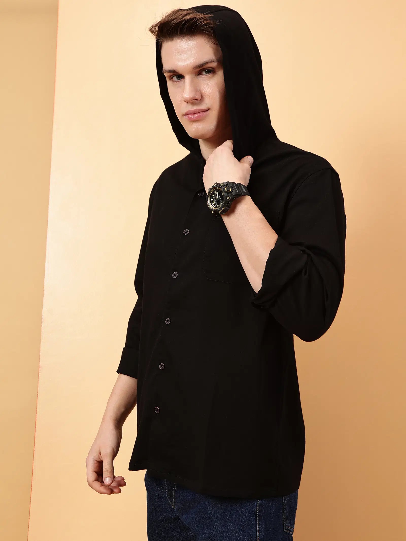 Valen Men's Soild Hooded Causal Shirt