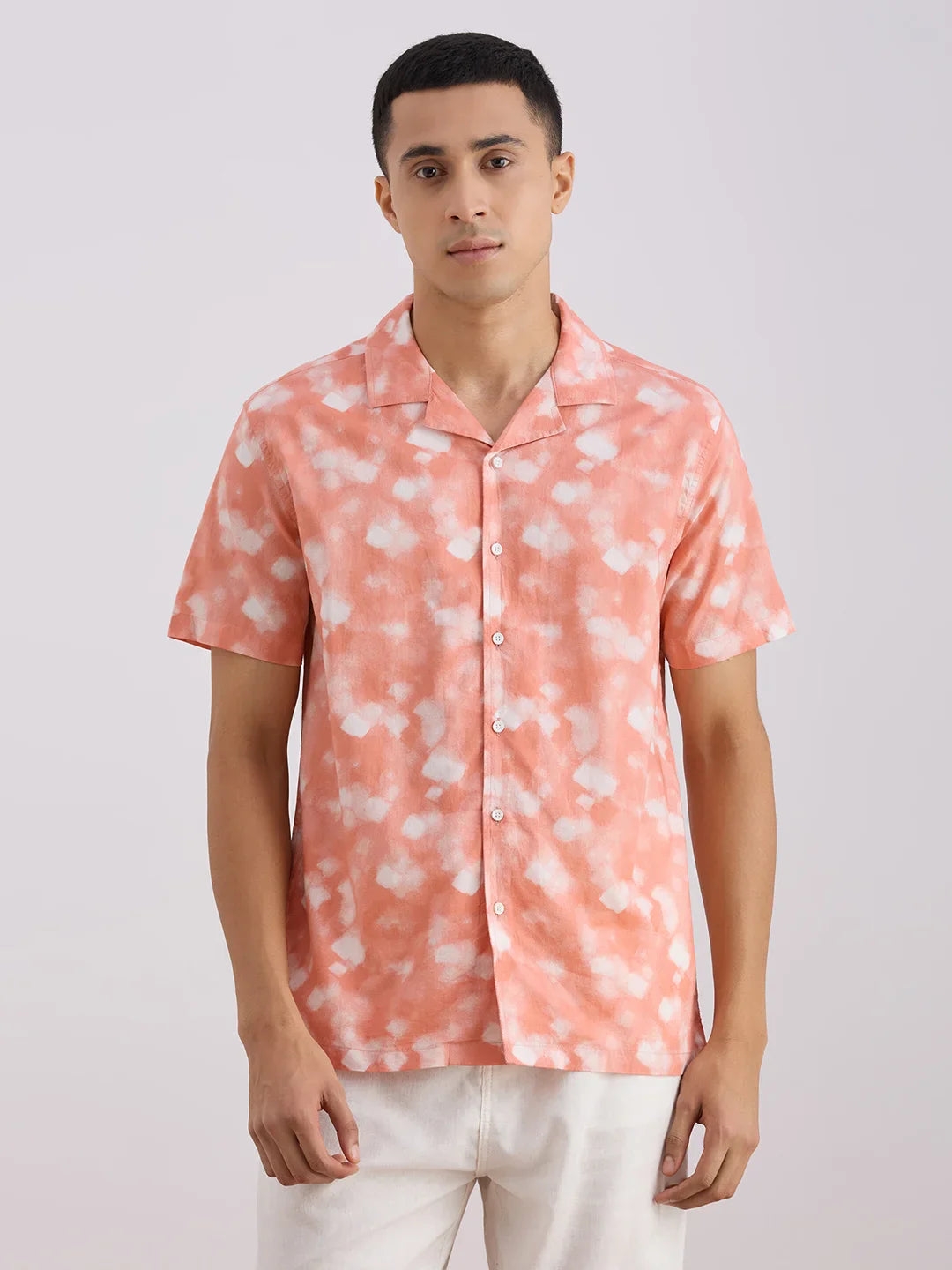 Valen  Men's Casual Shirt With Cuban Collar Cotton Short Sleeves Printed Shirt