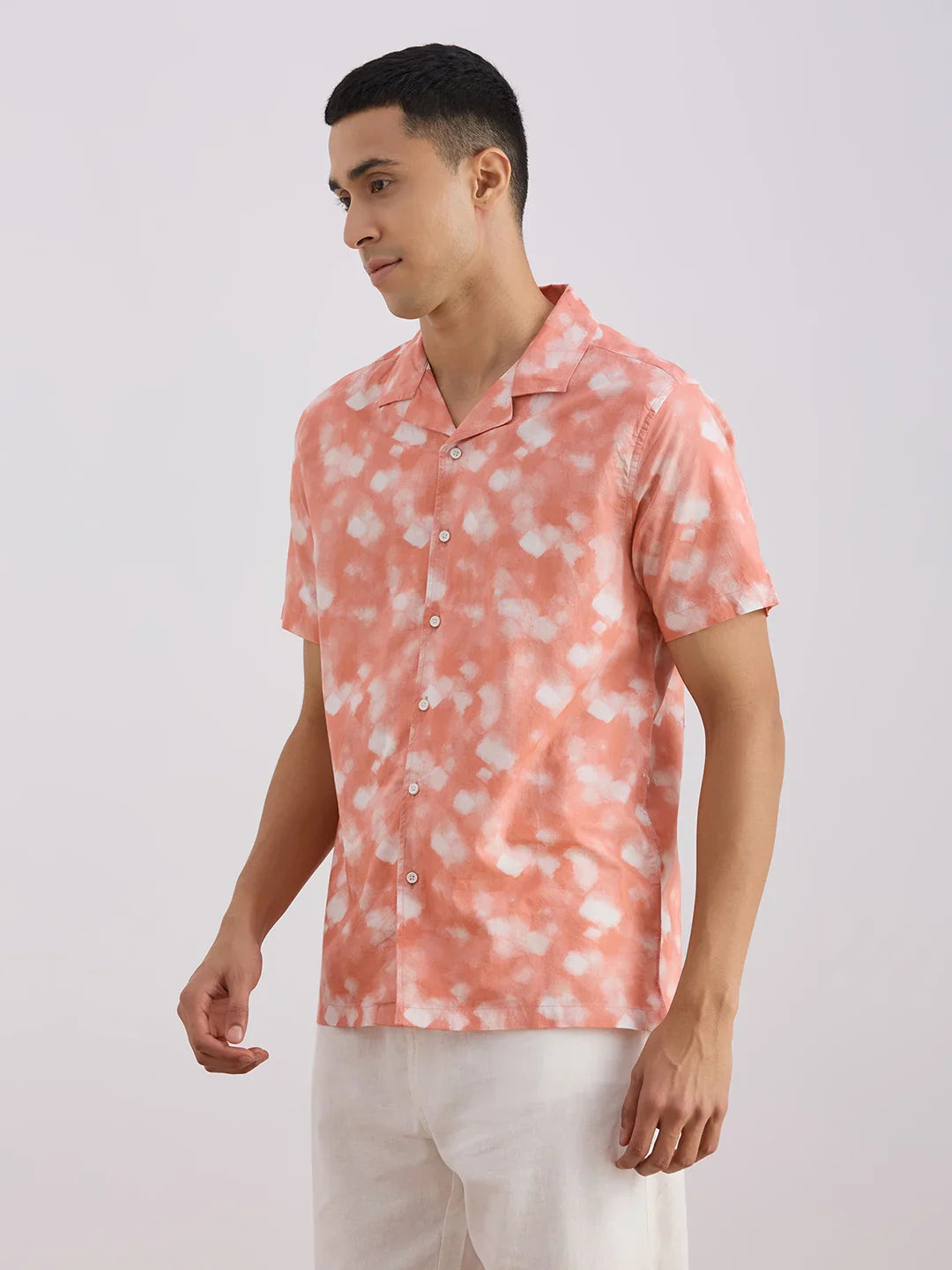 Valen  Men's Casual Shirt With Cuban Collar Cotton Short Sleeves Printed Shirt