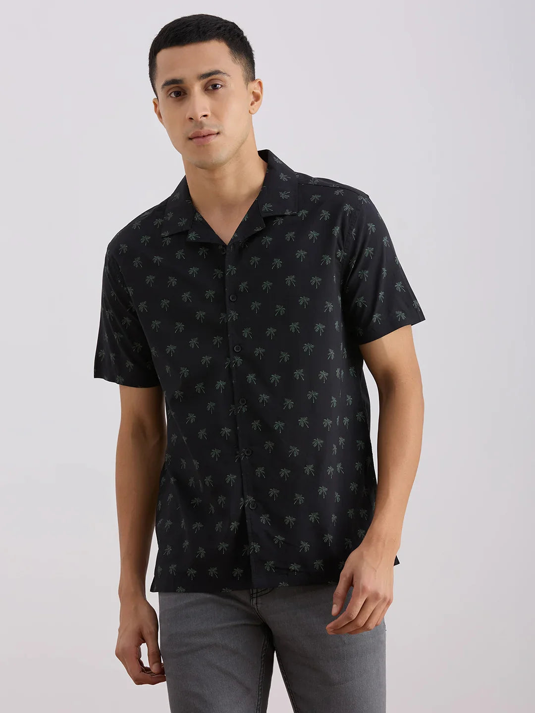 Valen Club Men's Casual Shirt With Cuban Collar Cotton Short Sleeves Printed Shirt