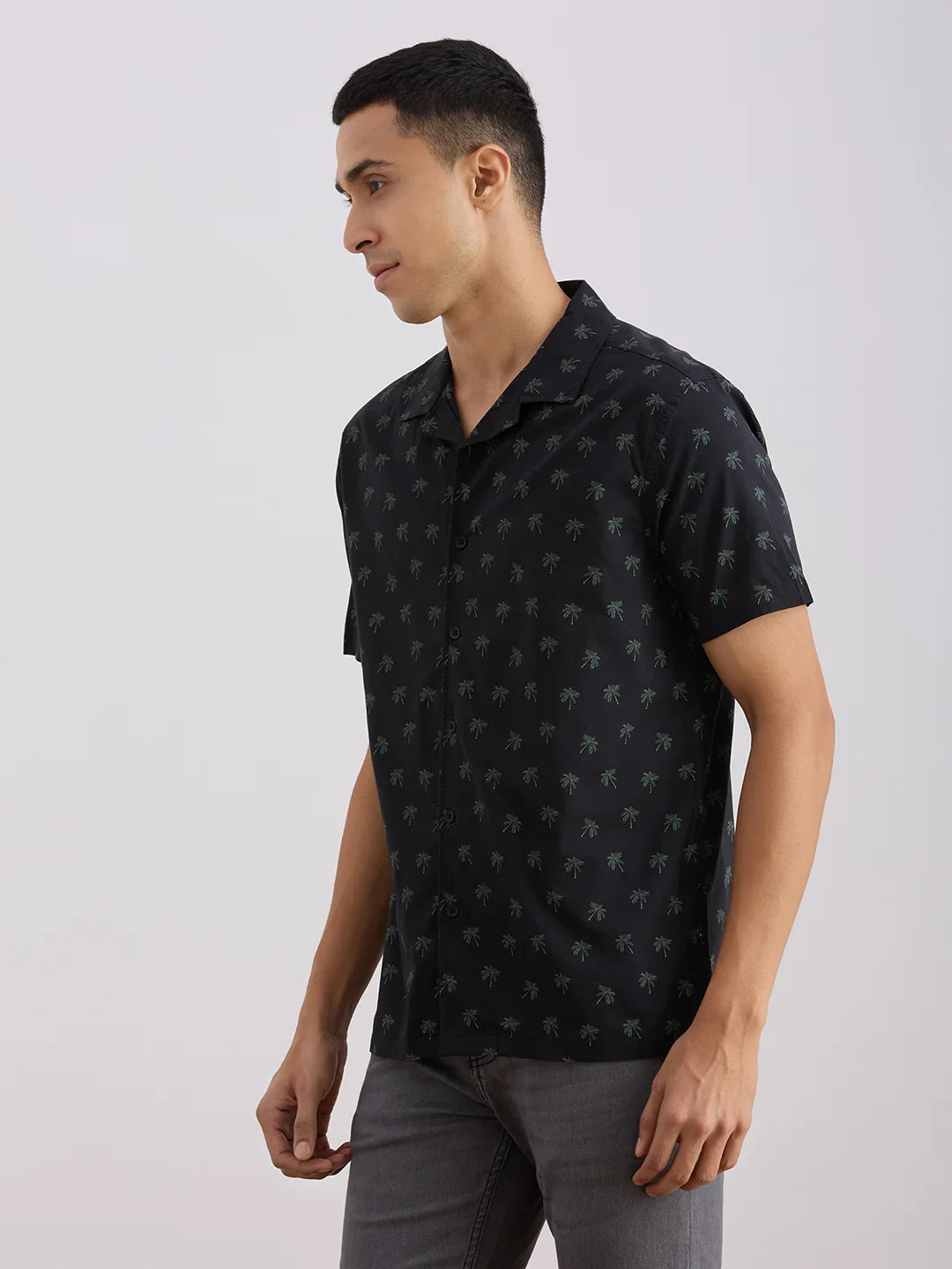 Valen Club Men's Casual Shirt With Cuban Collar Cotton Short Sleeves Printed Shirt