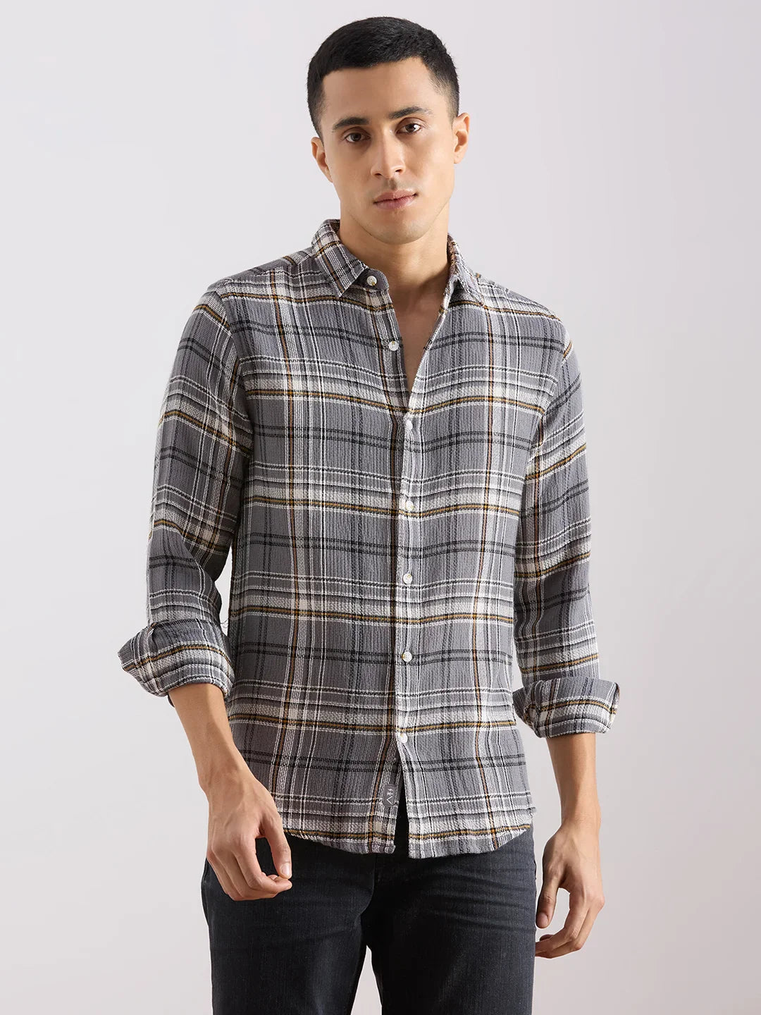 Valen Club Men's Casual Shirt With Spread Collar Cotton Long Sleeves Checked Shirt
