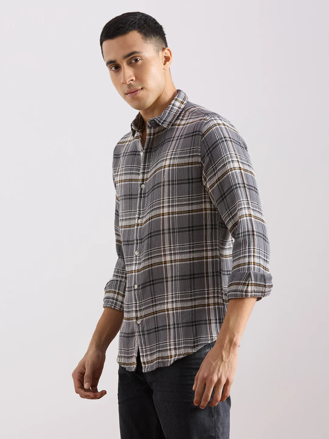 Valen  Men's Casual Shirt With Spread Collar Cotton Long Sleeves Checked Shirt