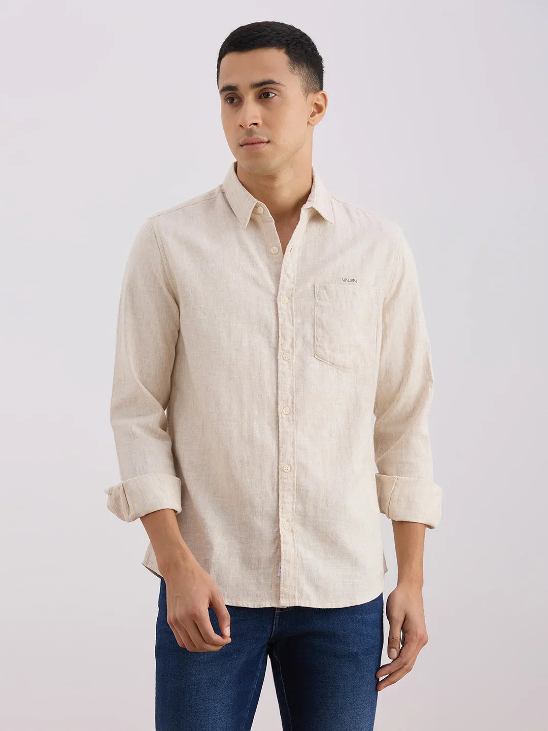 Valen  Men's Casual Shirt With Spread Collar Cotton Long Sleeves Checked Shirt