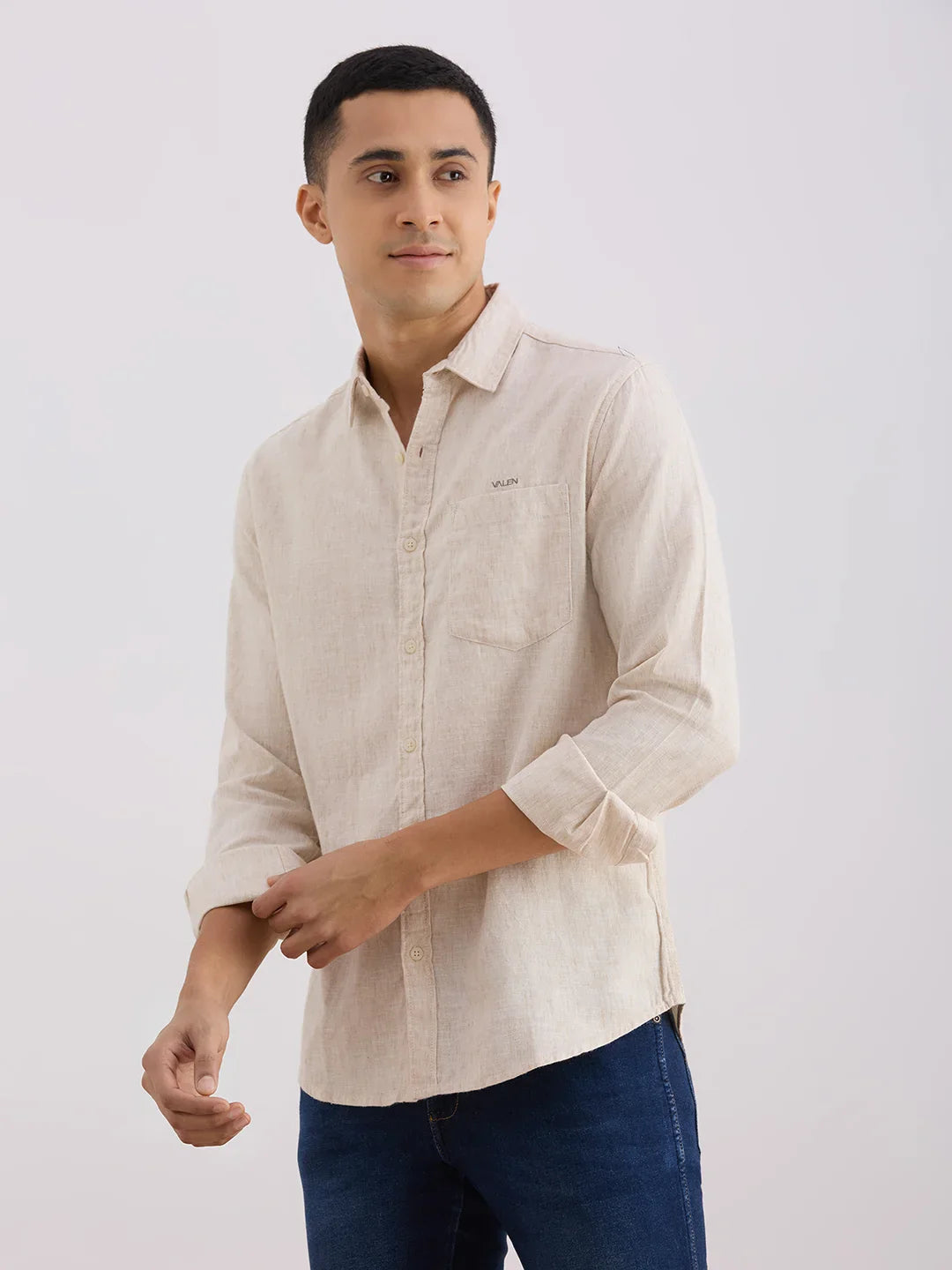 Valen  Men's Casual Shirt With Spread Collar Cotton Long Sleeves Checked Shirt