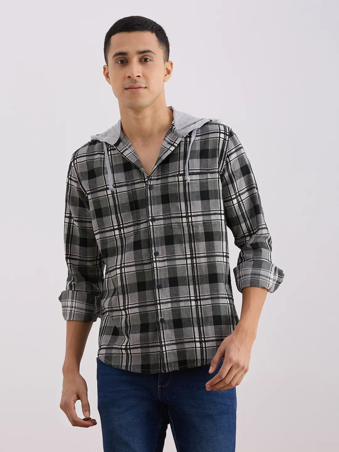Valen  Men's Casual Shirt With Hood Cotton Long Sleeves Checked Shirt