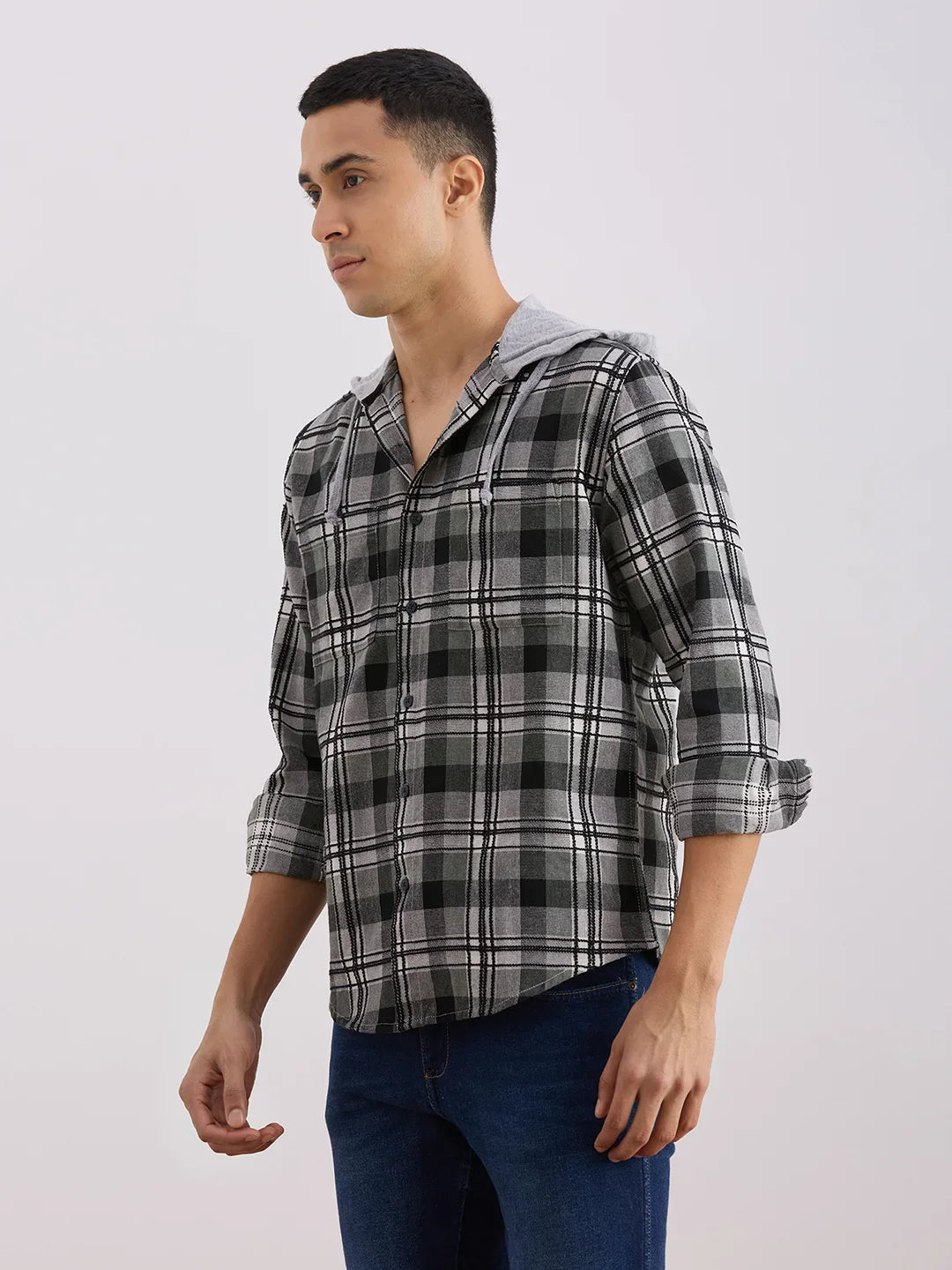Valen  Men's Casual Shirt With Hood Cotton Long Sleeves Checked Shirt