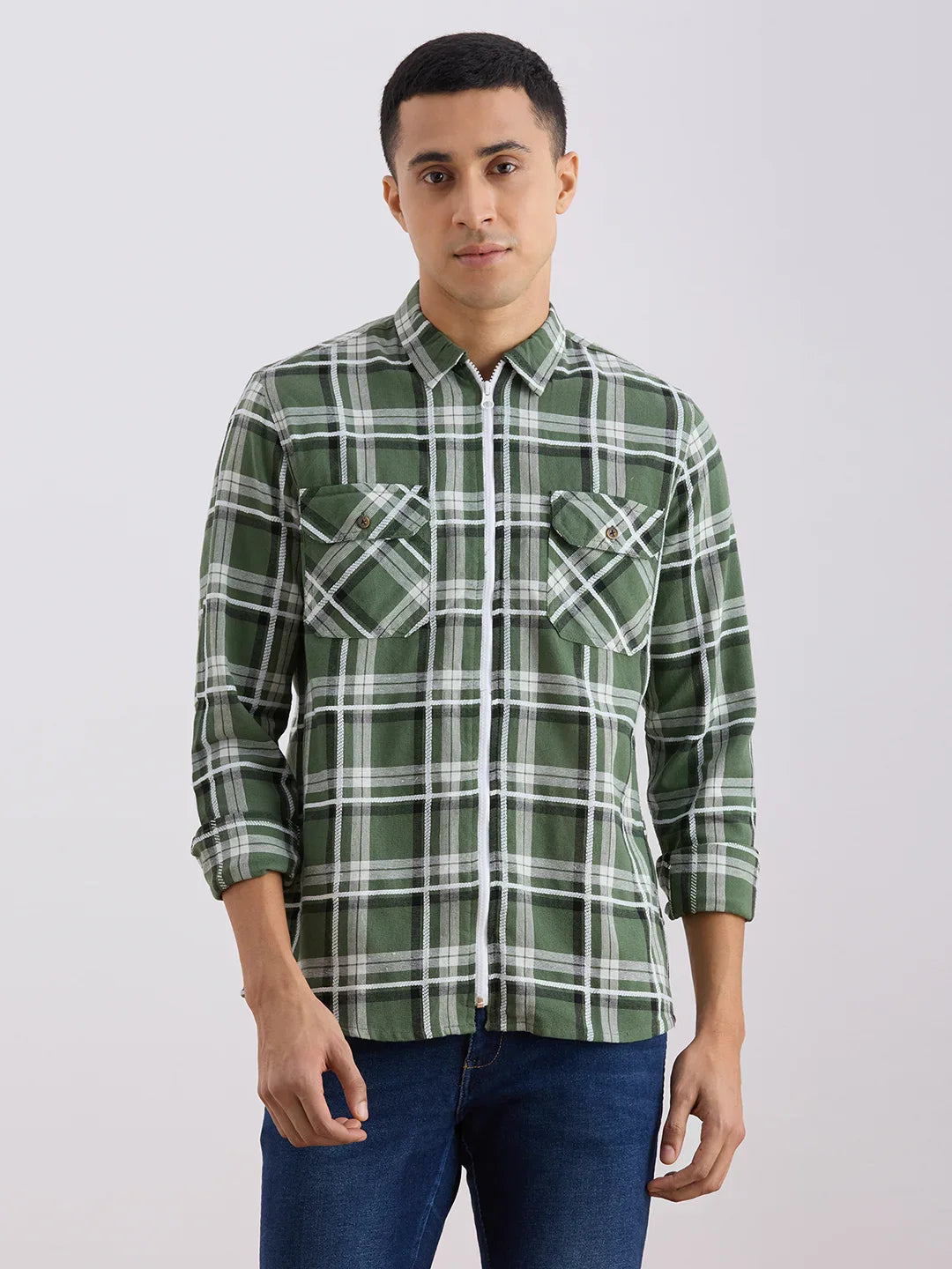 Valen Club Men's Casual Shirt With Spread Collar Cotton Long Sleeves Checked Shirt