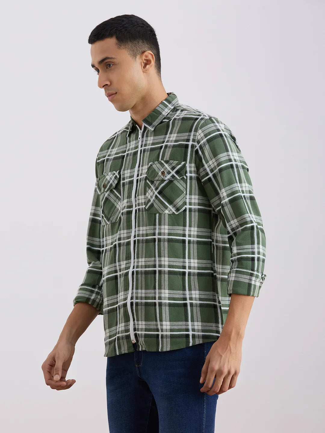 Valen Club Men's Casual Shirt With Spread Collar Cotton Long Sleeves Checked Shirt