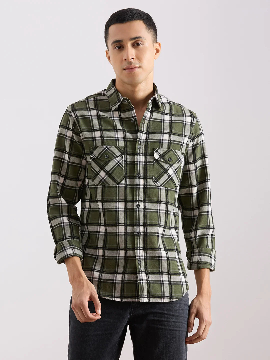 Valen  Men's Casual Shirt With Spread Collar Cotton Long Sleeves Checked Shirt