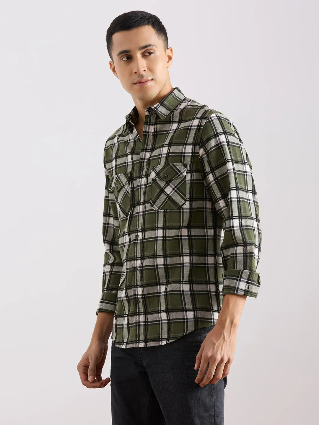 Valen Club Men's Casual Shirt With Spread Collar Cotton Long Sleeves Checked Shirt