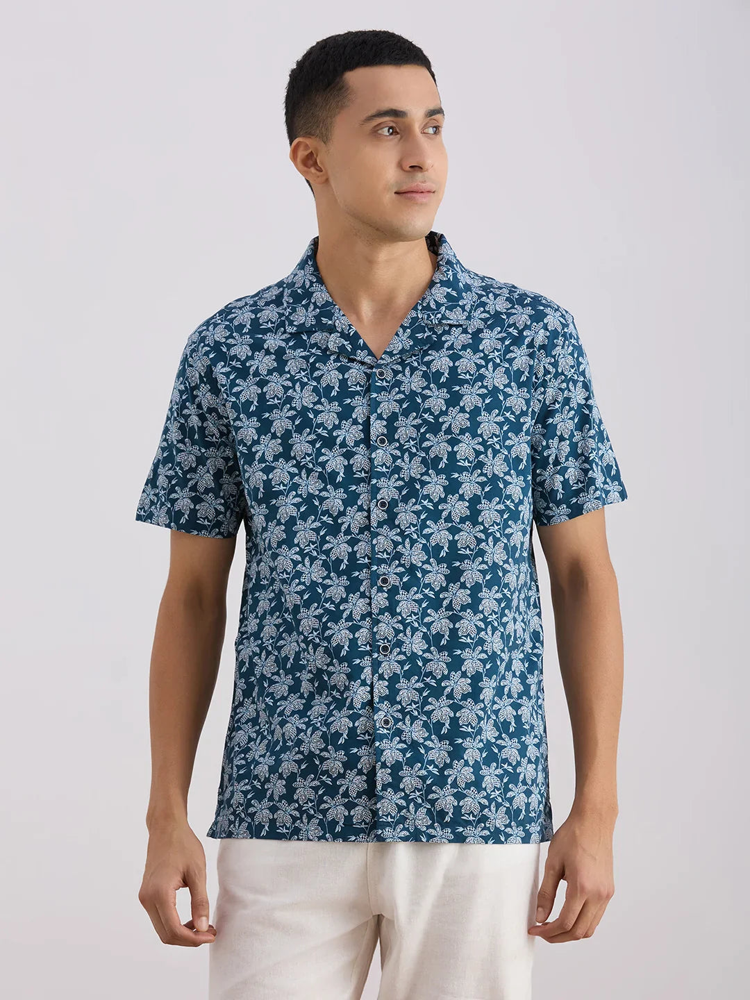 Valen  Men's Casual Shirt With Cuban Collar Cotton Short Sleeves Printed Shirt