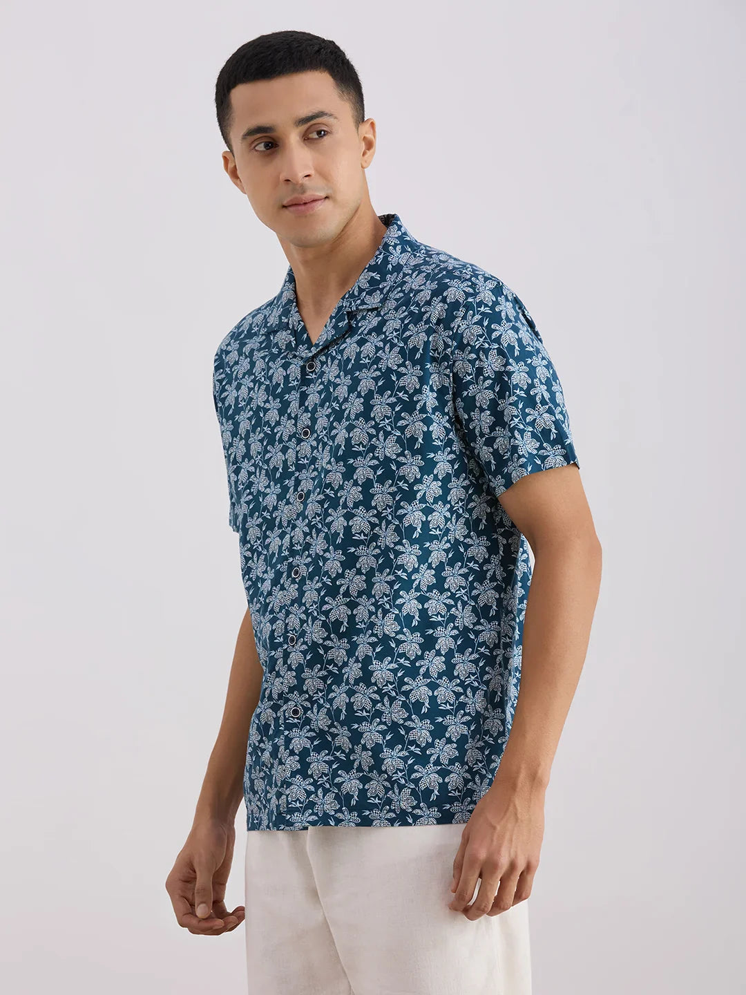 Valen  Men's Casual Shirt With Cuban Collar Cotton Short Sleeves Printed Shirt