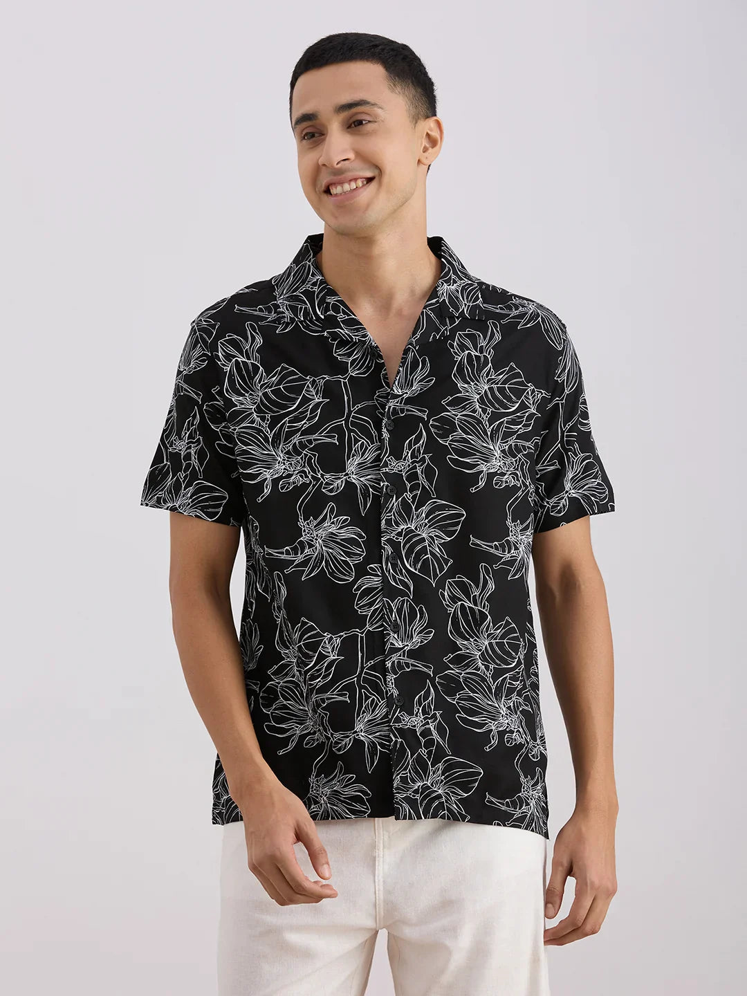 Valen  Men's Casual Shirt With Cuban Collar Cotton Short Sleeves Printed Shirt