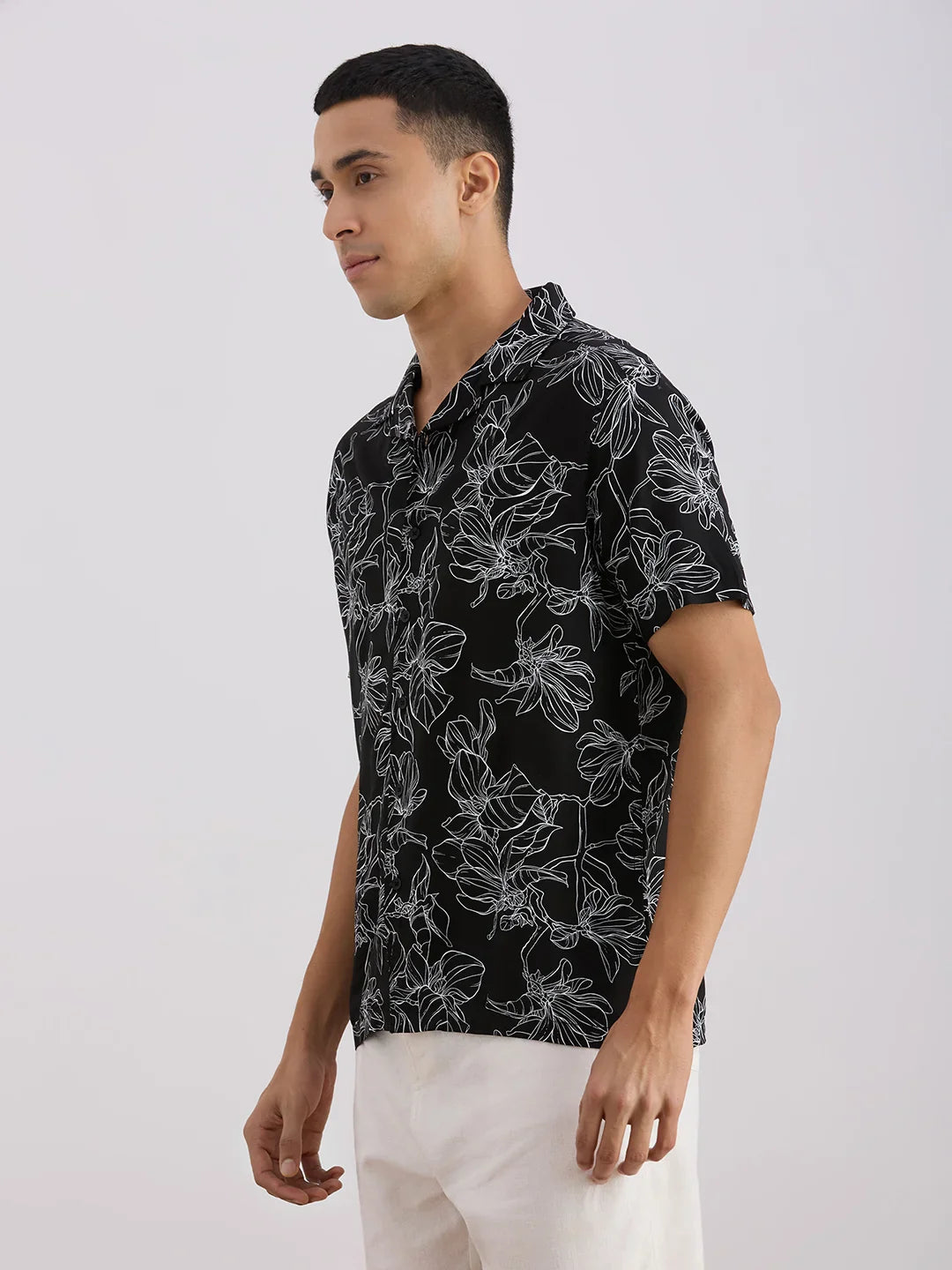 Valen  Men's Casual Shirt With Cuban Collar Cotton Short Sleeves Printed Shirt