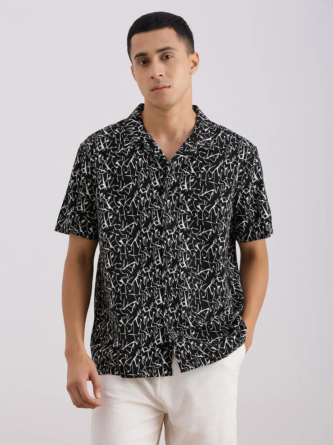 Valen Club Men's Casual Shirt With Cuban Collar Cotton Short Sleeves Printed Shirt