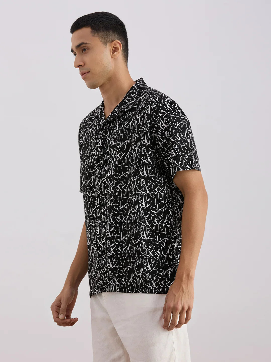 Valen Club Men's Casual Shirt With Cuban Collar Cotton Short Sleeves Printed Shirt