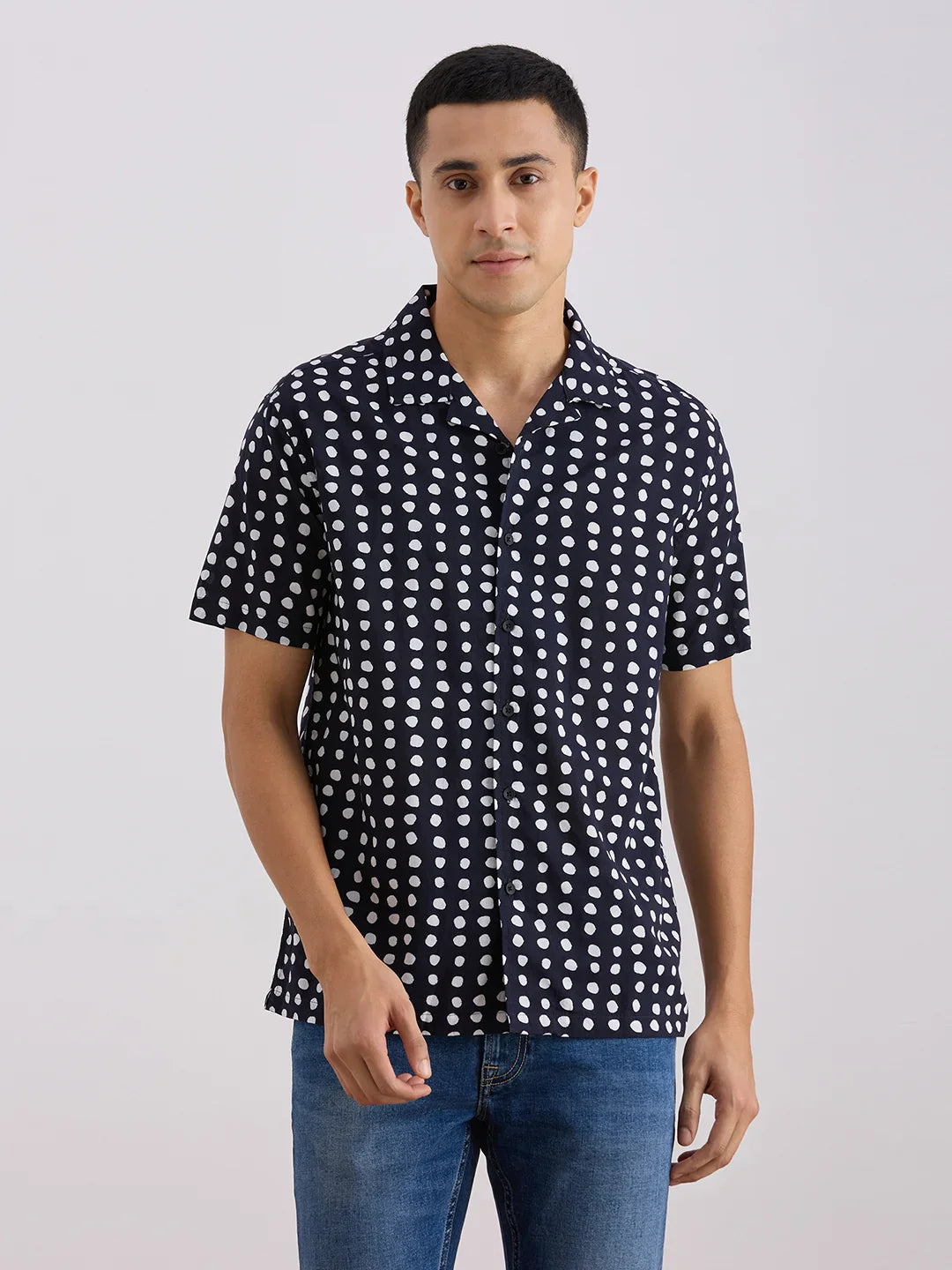 Valen Club Men's Casual Shirt With Cuban Collar Cotton Short Sleeves Printed Shirt