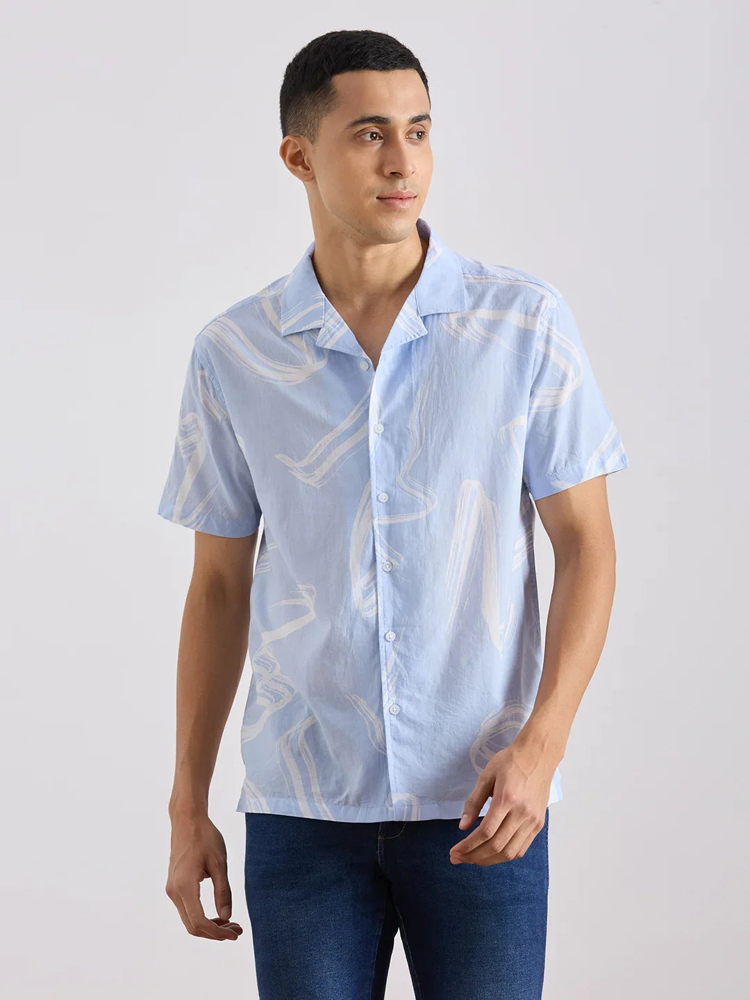 Valen Club Men's Casual Shirt With Cuban Collar Cotton Short Sleeves Printed Shirt