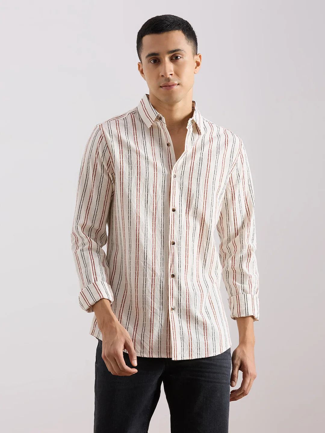 Valen  Men's Casual Shirt With Spread Collar Cotton Long Sleeves Striped Shirt