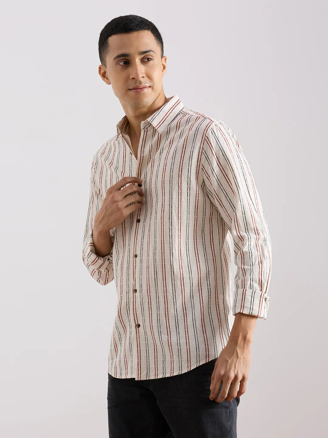 Valen  Men's Casual Shirt With Spread Collar Cotton Long Sleeves Striped Shirt