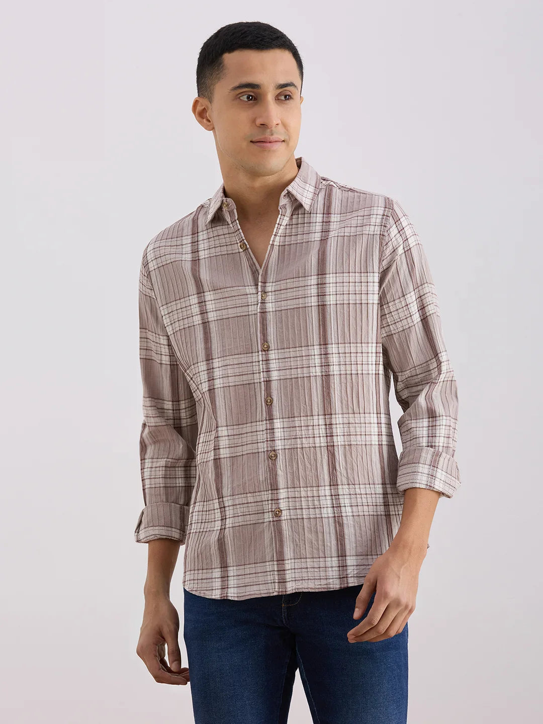 Valen Club Men's Casual Shirt With Spread Collar Cotton Long Sleeves Checked Shirt