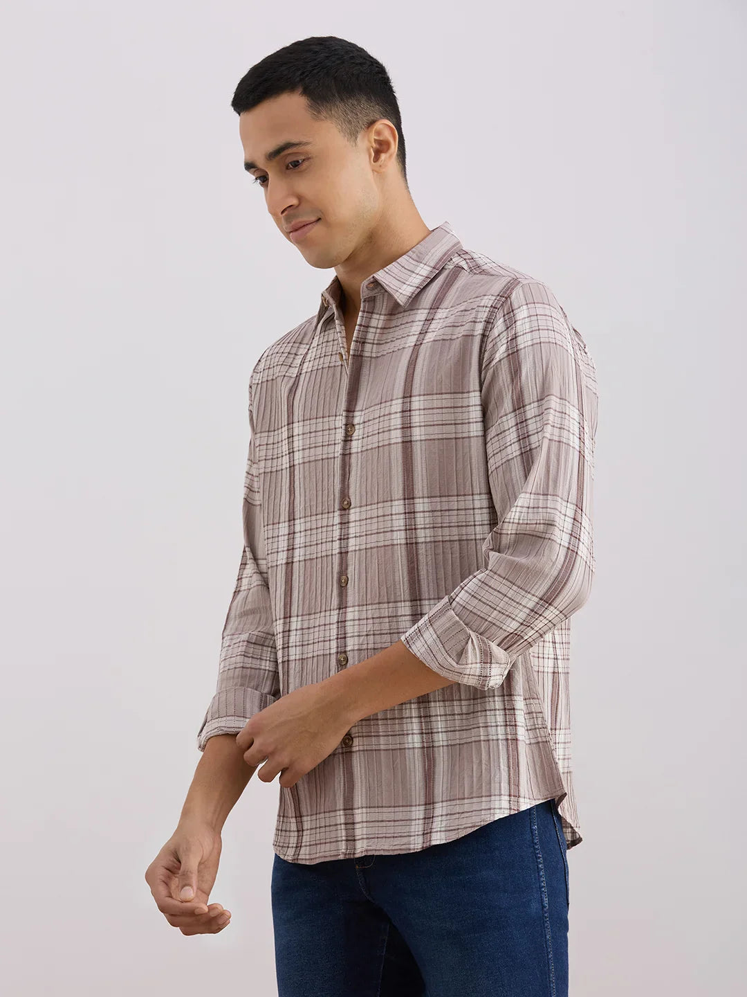 Valen Club Men's Casual Shirt With Spread Collar Cotton Long Sleeves Checked Shirt