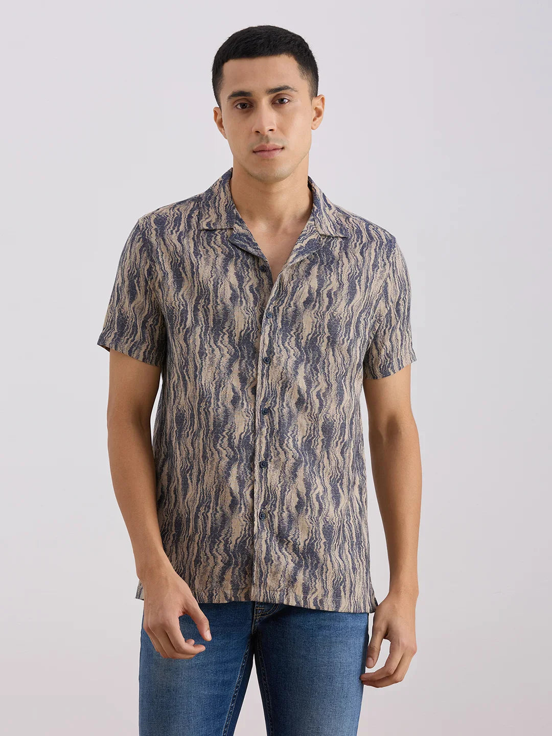 Valen Club Men's Casual Shirt With Cuban Collar Cotton Short Sleeves Printed Shirt