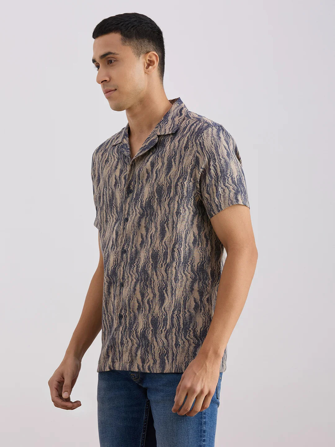 Valen Club Men's Casual Shirt With Cuban Collar Cotton Short Sleeves Printed Shirt