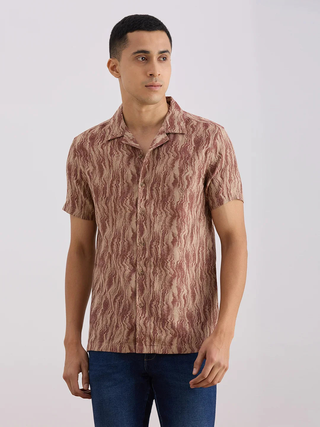 Valen Club Men's Casual Shirt With Cuban Collar Cotton Short Sleeves Printed Shirt