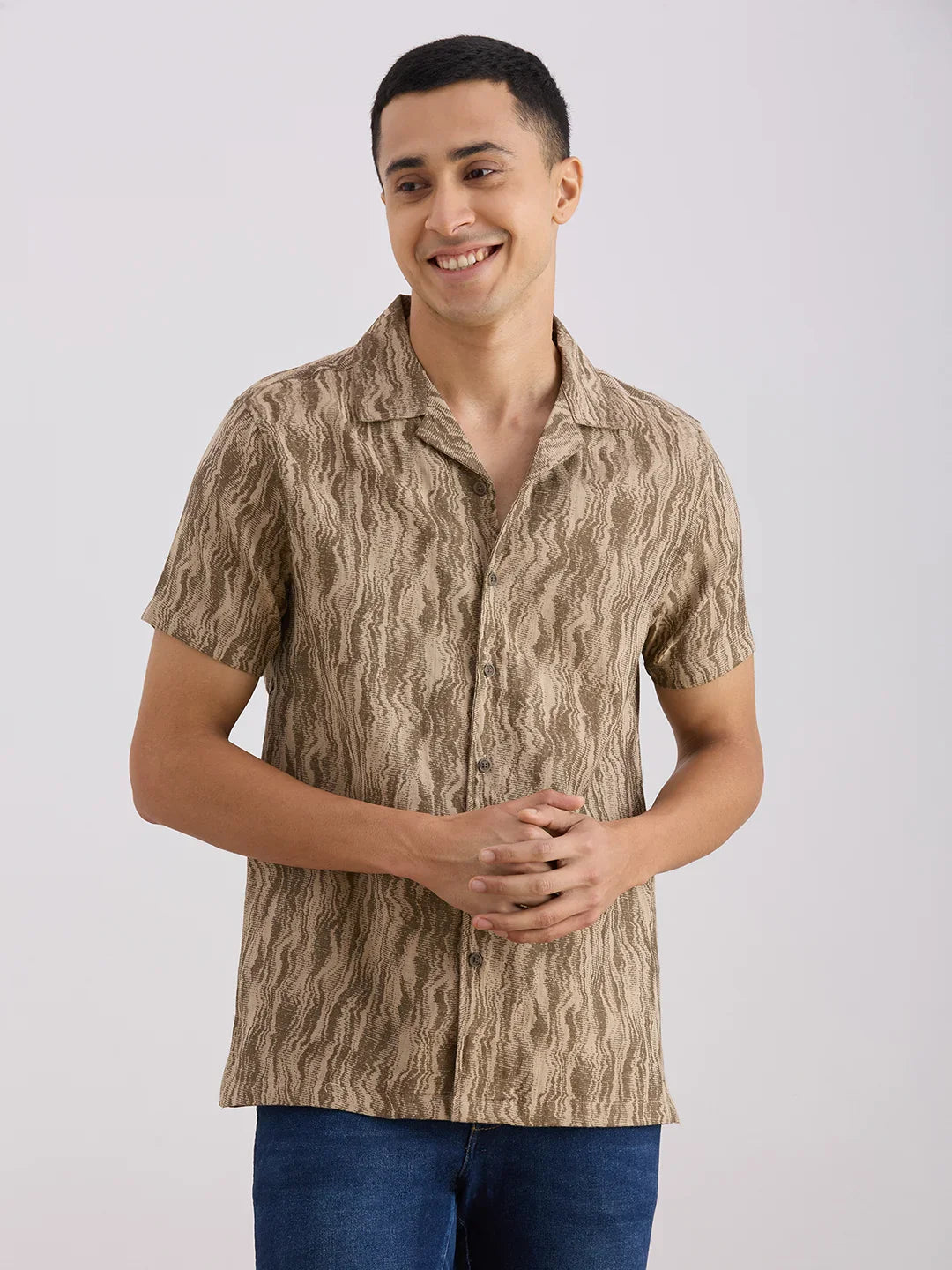 Valen Club Men's Casual Shirt With Cuban Collar Cotton Short Sleeves Printed Shirt