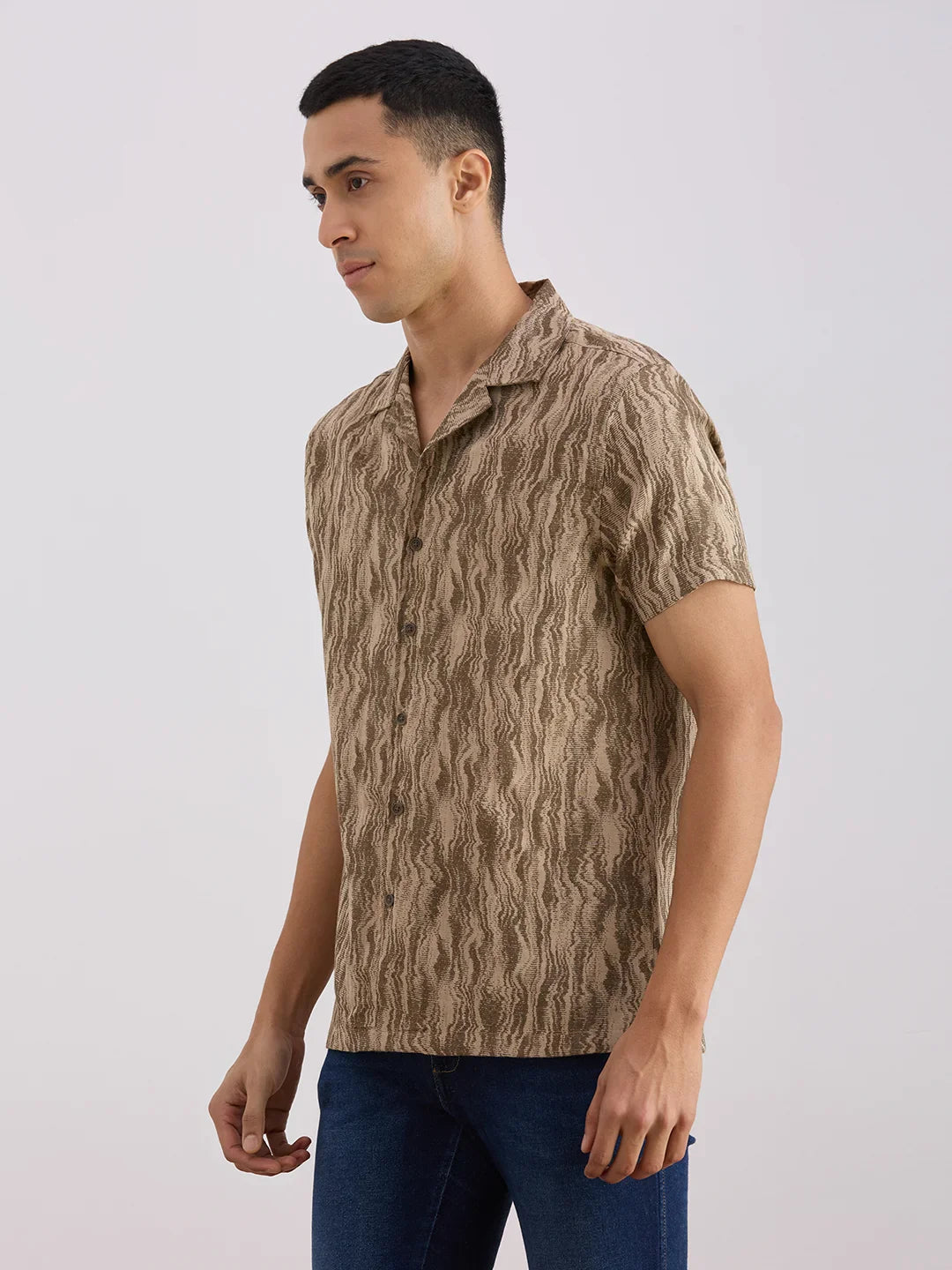 Valen Club Men's Casual Shirt With Cuban Collar Cotton Short Sleeves Printed Shirt