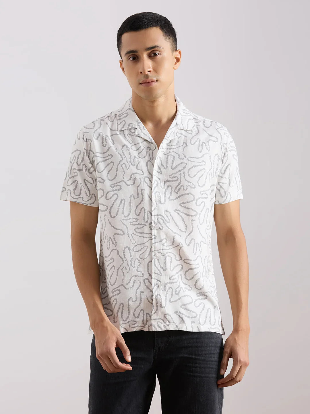 Valen Club Men's Casual Shirt With Cuban Collar Cotton Short Sleeves Printed Shirt