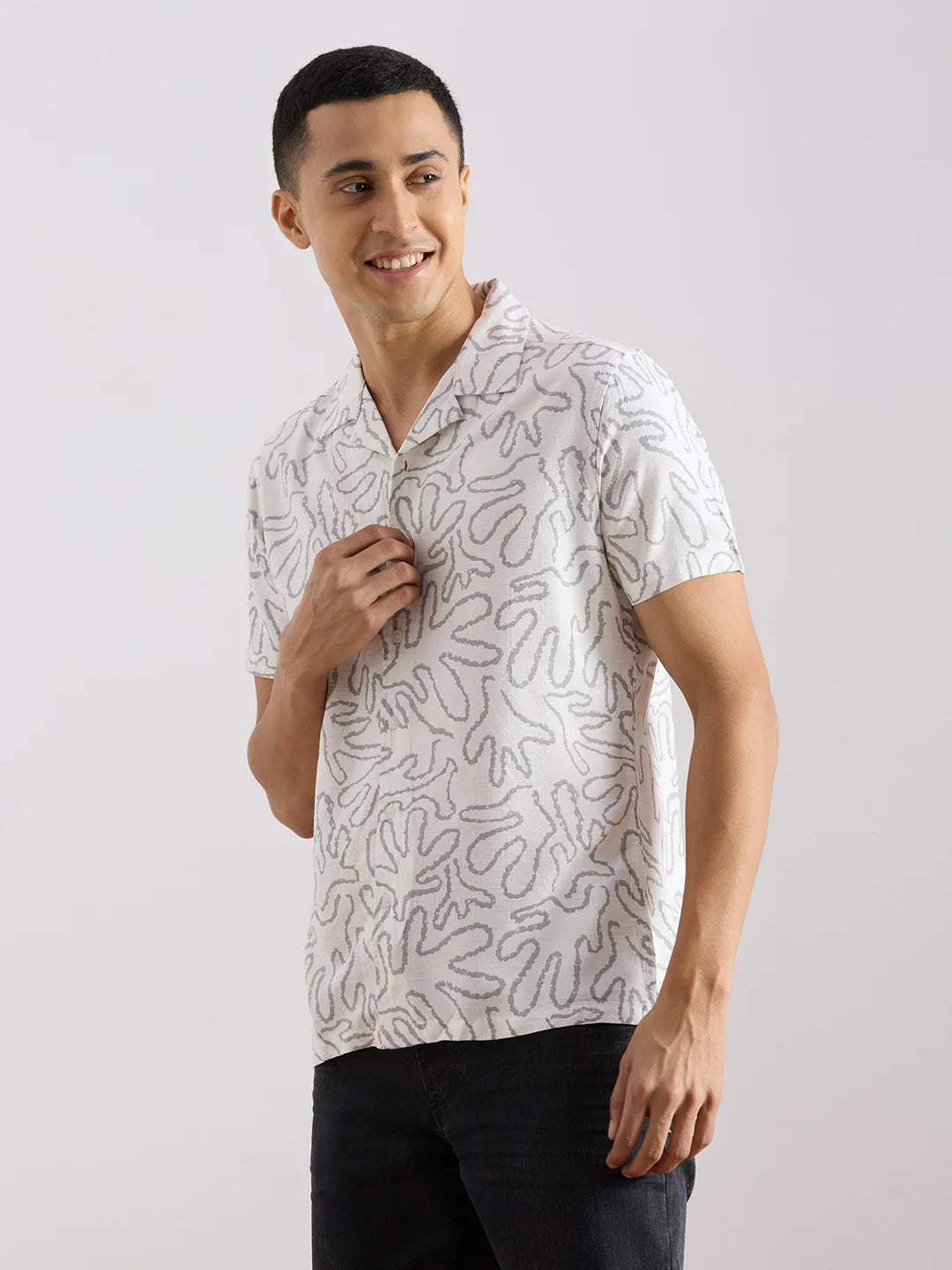 Valen Club Men's Casual Shirt With Cuban Collar Cotton Short Sleeves Printed Shirt