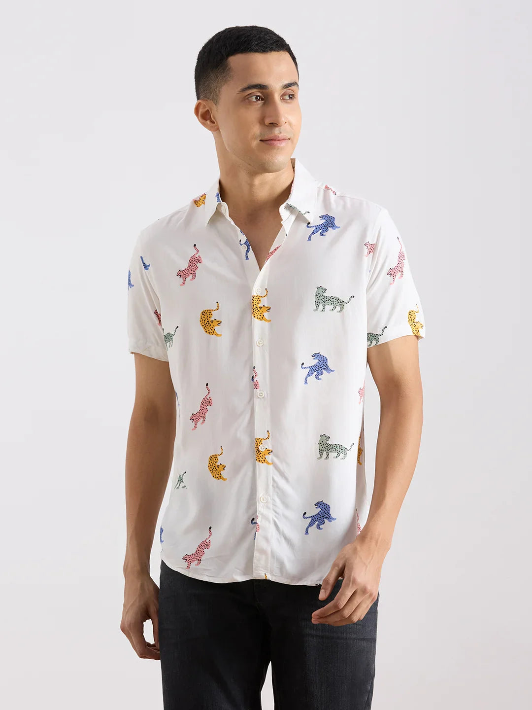 Valen Club Men's Casual Shirt With Spread Collar Viscose Rayon Short Sleeves Printed Shirt