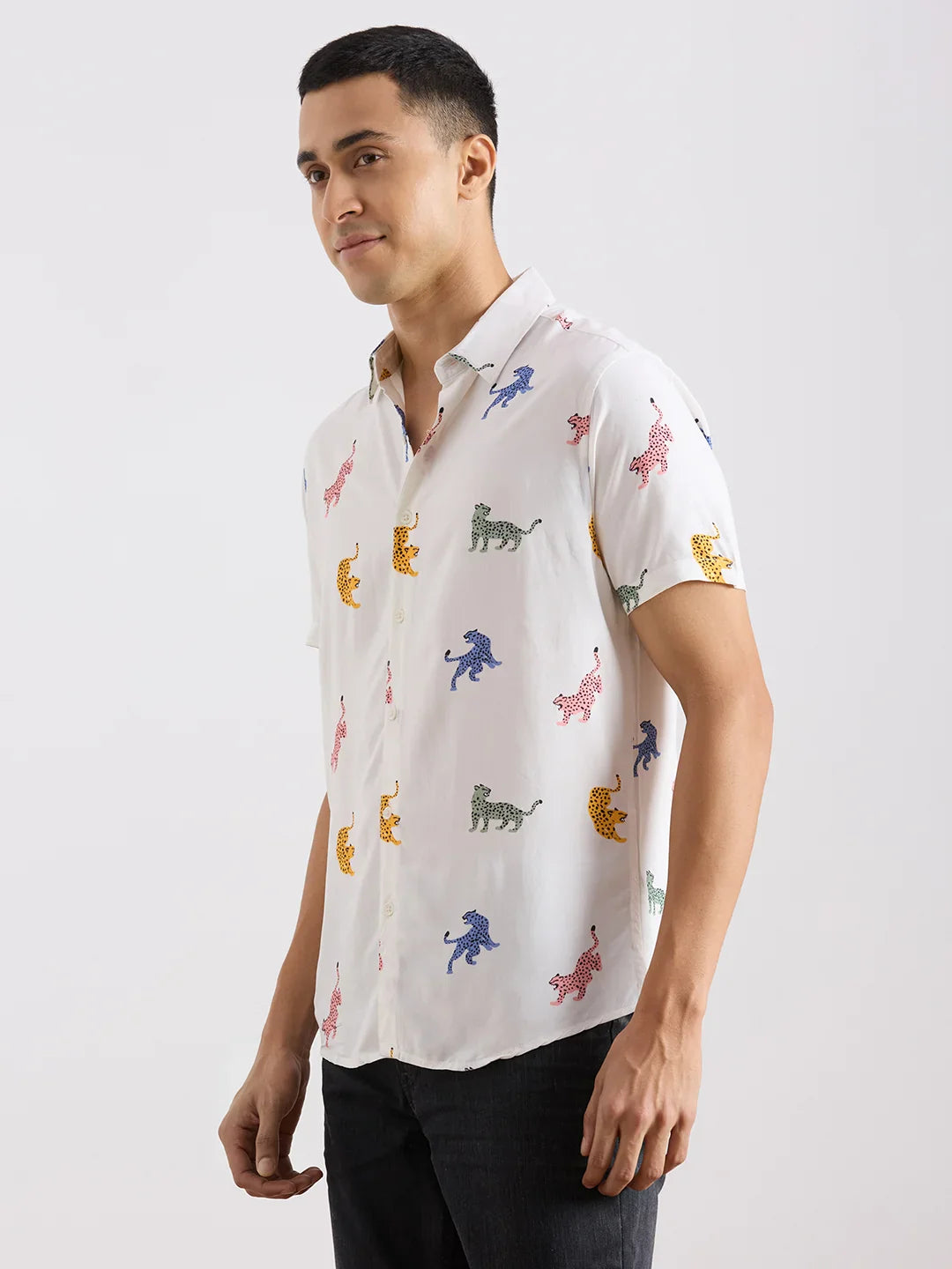 Valen Club Men's Casual Shirt With Spread Collar Viscose Rayon Short Sleeves Printed Shirt