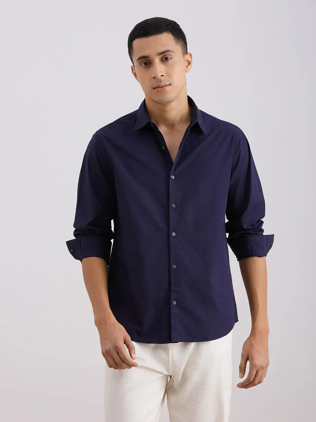 Valen  Men's Casual Shirt With Spread Collar Cotton Long Sleeves Solid Shirt