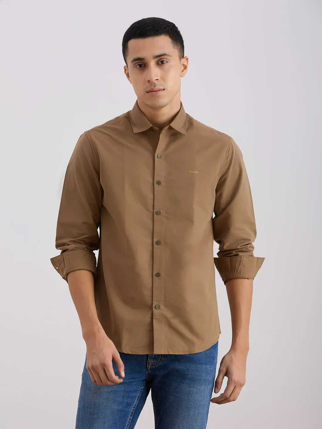 Valen  Men's Casual Shirt With Spread Collar Cotton Long Sleeves Solid Shirt