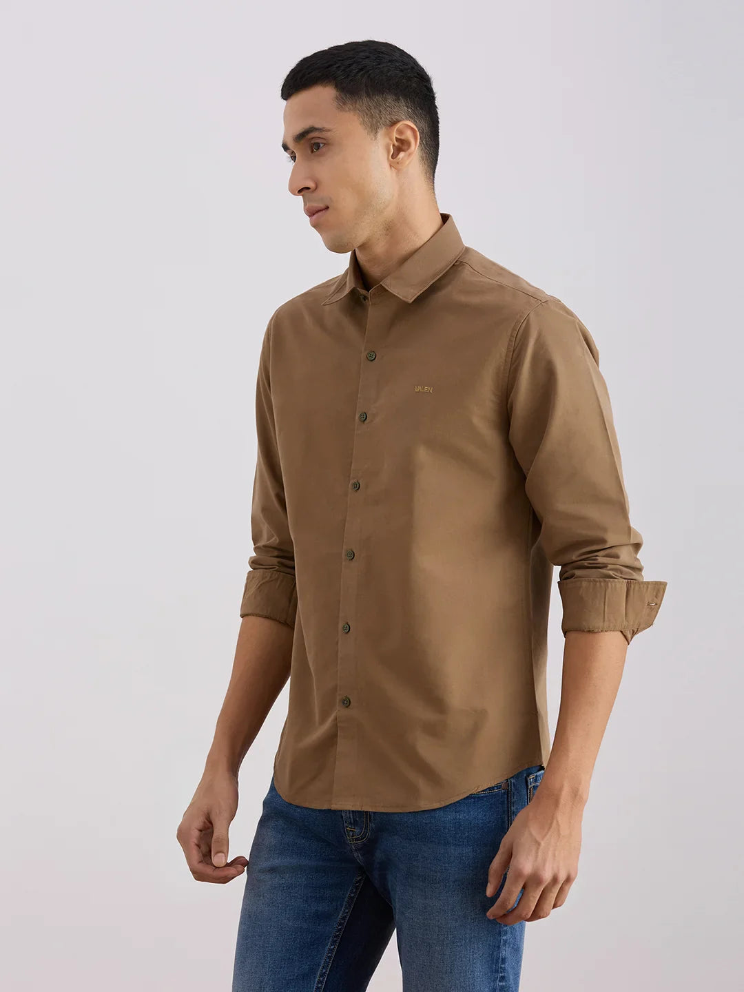 Valen  Men's Casual Shirt With Spread Collar Cotton Long Sleeves Solid Shirt