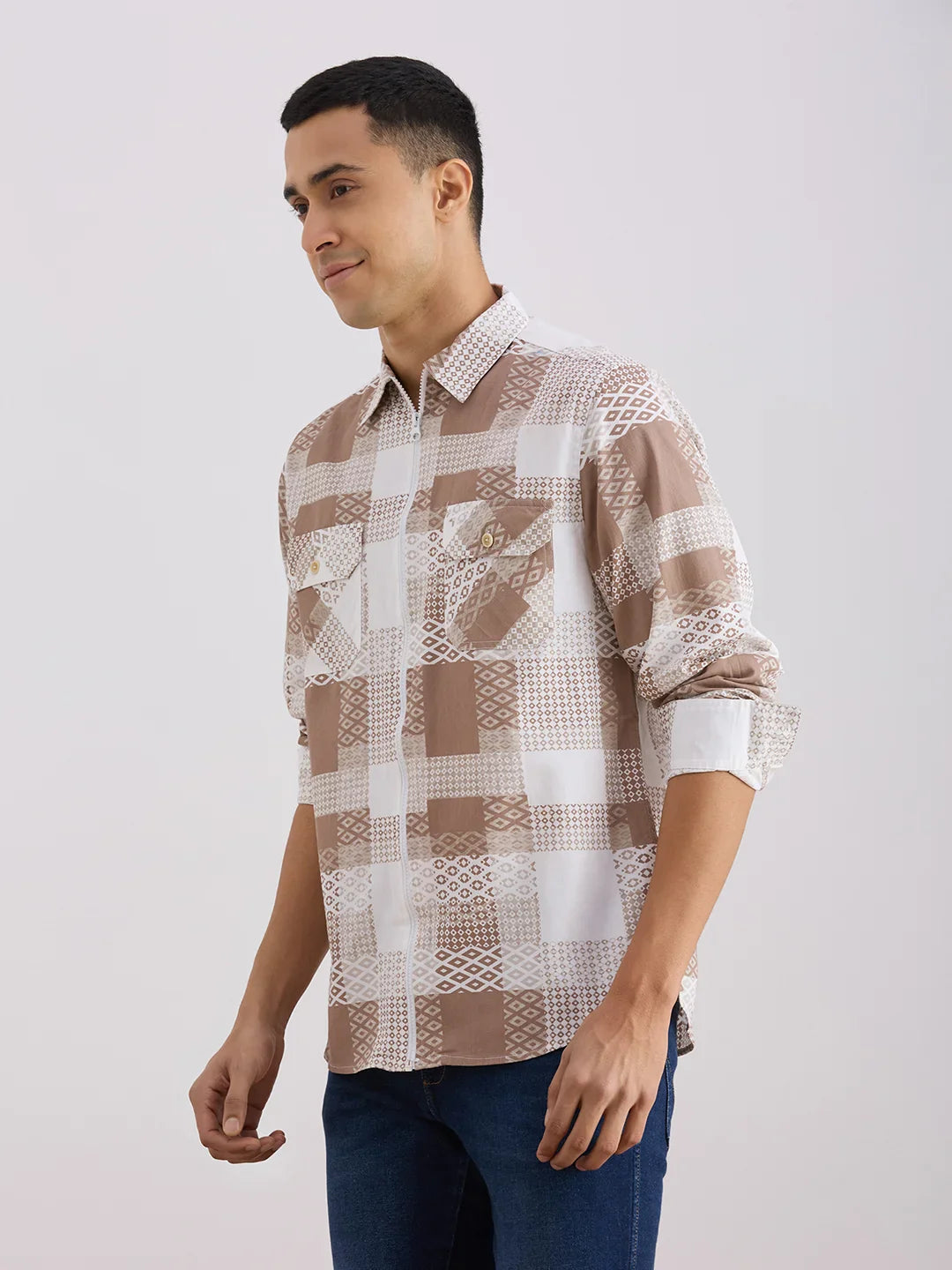 Valen Club Men's Casual Shirt With Spread Collar Cotton Long Sleeves Printed Shirt